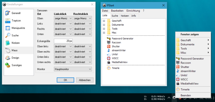 PStart unter Windows 10: links: Einstellungen - mitte: Programmfenster - rechts: Menü