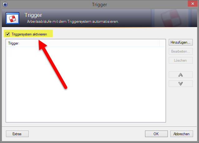 Triggersystem aktivieren, damit eine eigene Schaltfläche hinzugefügt werden kann
